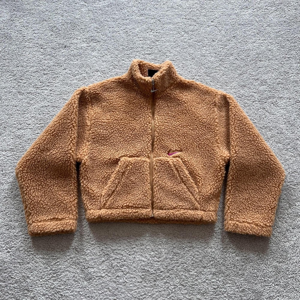 Nike Sportswear Swoosh Faux Fur Sherpa Fleece Jacket Womens M Brown Full Zip